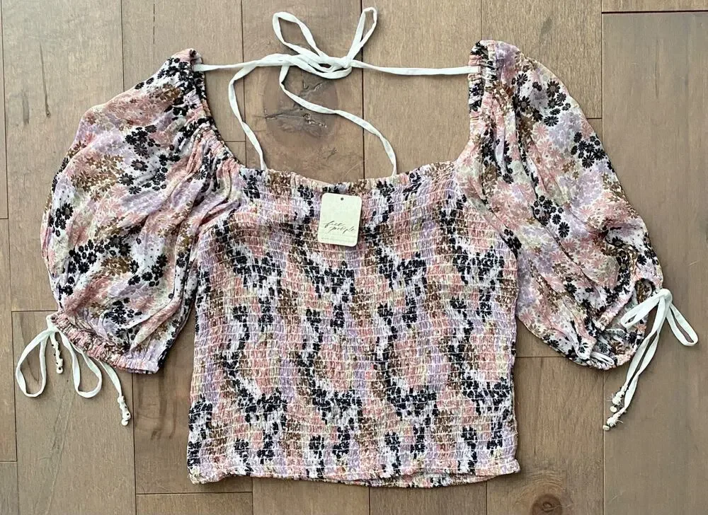 Free People Top Soft Combo Back on Top Cropped Blouse Ties at Back & Sleeves Top